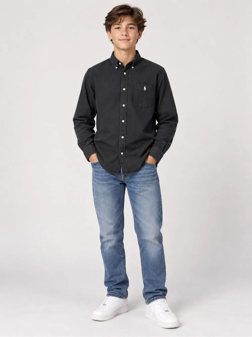 Ralph Lauren Boys Large16/18 Black Cotton Button Down Oxford Shirt Pony Logo